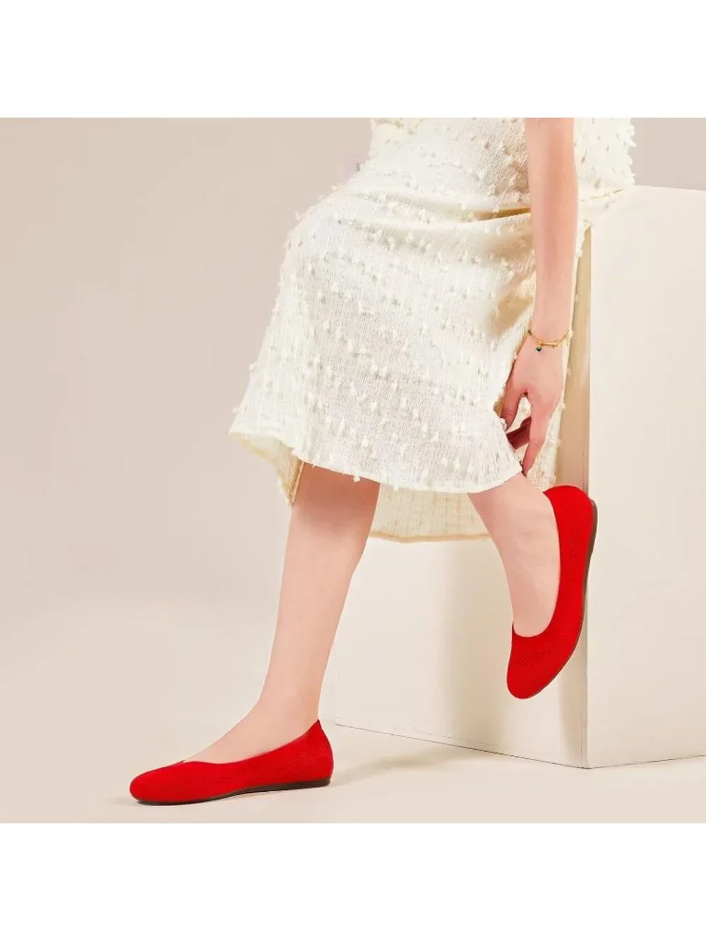 Women's Red Round Toe Knit Dress Low Wedge Slip On Ballerina Ballet Flat Shoes